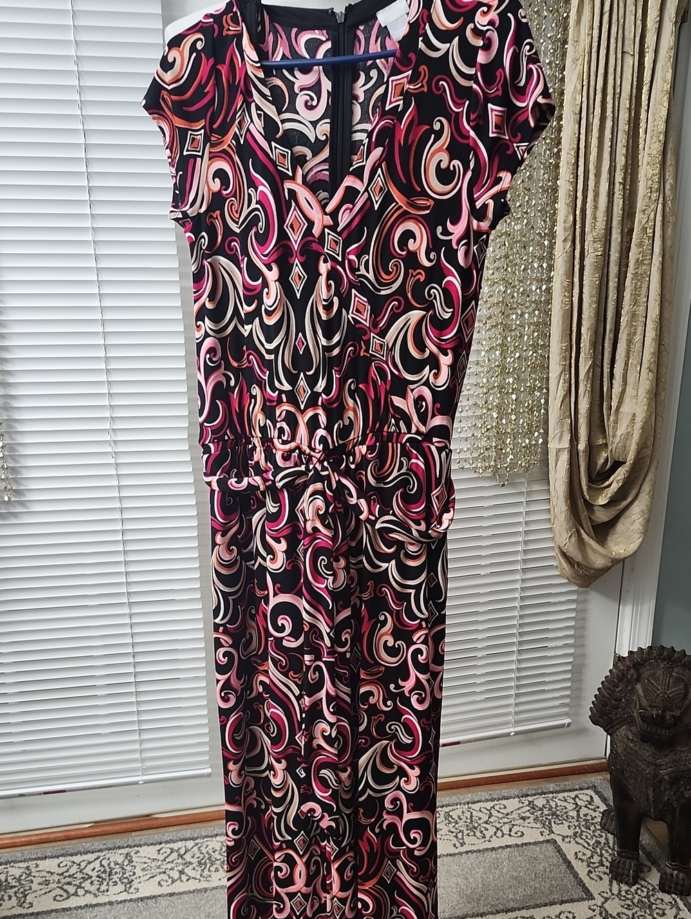 Black Swirl-Print V-Neck Maxi Jumper with Drawstring Waist